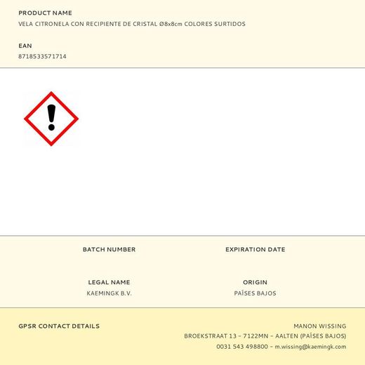 Vela Citronela Con Recipiente De Cristal, Ø8 X 8 Cm, Colores Surtidos