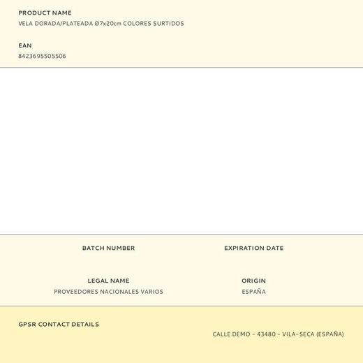 Vela Dorada/Plateada Ø7X20Cm Colores Surtidos