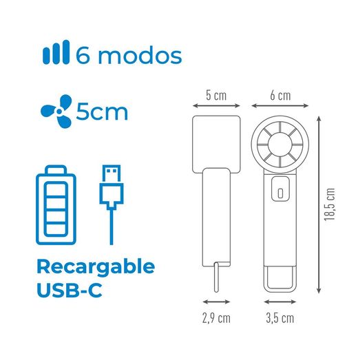 Ventilador De Mano Digital Recargable, 6 X 18,5 Cm
