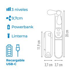 Ventilador De Mano Plegable, Linterna,Powerbank, Soporte Smartphone, Colores Surtidos, 3,7 X 11,9 Cm