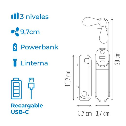 Ventilador De Mano Plegable, Linterna,Powerbank, Soporte Smartphone, Colores Surtidos, 3,7 X 11,9 Cm