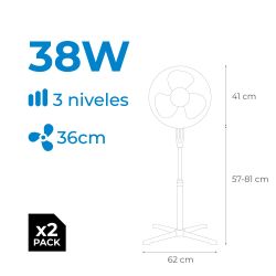 Ventilador De Pie 38 W, Blanco, Ø40 Cm, Pack De 2 Unidades