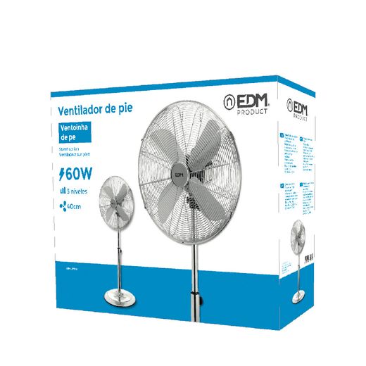 Ventilador De Pie Base Circular, Cromado, Potencia 60 W, Aspas Ø40 Cm, Altura Regulable 90-116 Cm