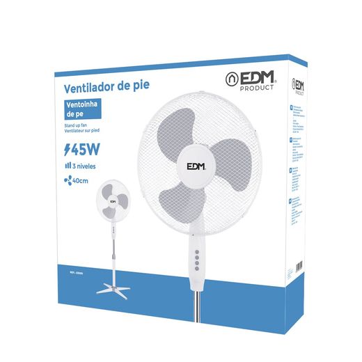 Ventilador De Pie, Blanco, Potencia 45 W, Aspas Ø40 Cm, Altura Regulable 105-125 Cm