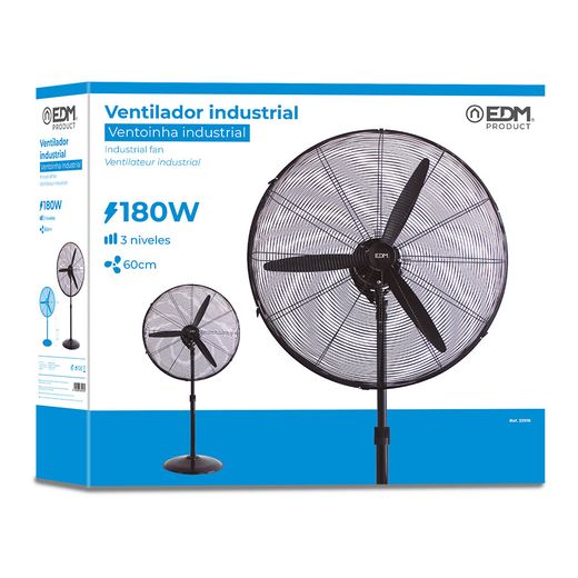 Ventilador De Pie Industrial Base Circular, Oscilante, Negro, Potencia 180 W, Aspas Ø60 Cm, Altura Regulable 117-156 Cm