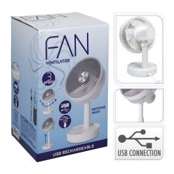 Ventilador De Sobremesa Recargable Blanco Y Gris, 3 Velocidades, Ø135 X 270 Mm
