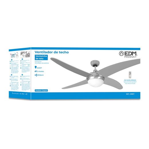 Ventilador De Techo Modelo Caspio. Color Plateado/Niquel. Potencia: 60W Aspas: Ø132Cm Con Mando A Distancia Edm